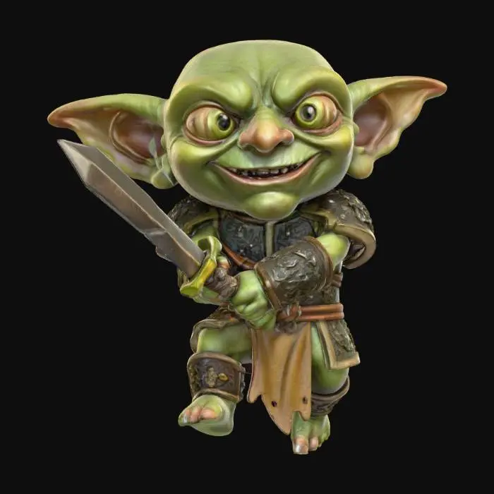 3D model for A 3D image of a chibi-style Dungeons & Dragons goblin in an attack pose holding a sword.  Thick and bold etched and embossed details.  Highly stylized. 