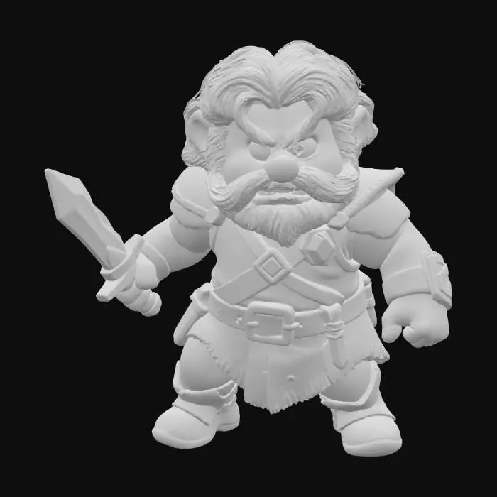 3D model for A 3D image of a toy-like Dungeons & Dragons male hobbit adventurer in an action pose, holding a dagger.  Thick and bold details.  Highly stylized.