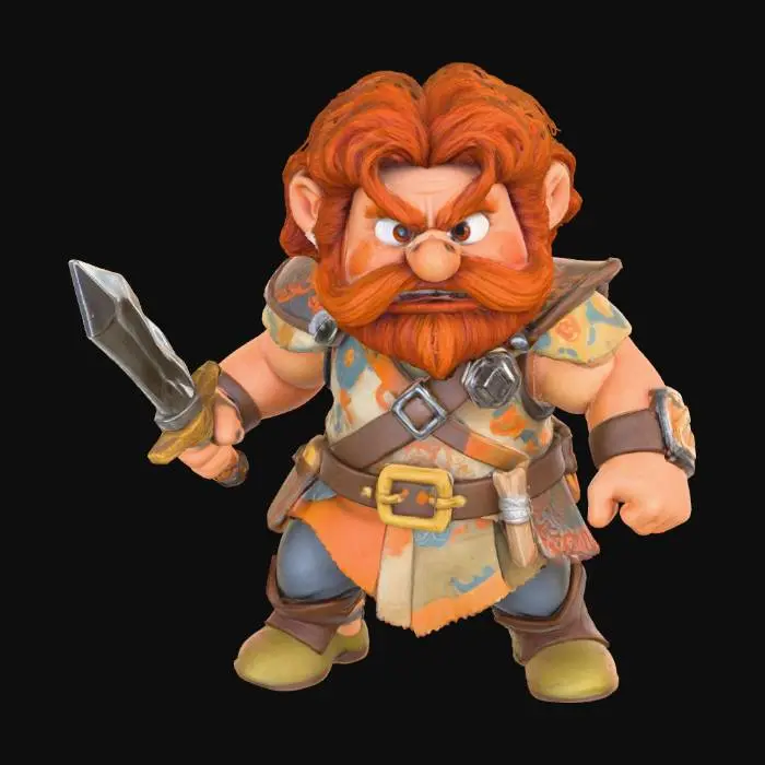 3D model for A 3D image of a toy-like Dungeons & Dragons male hobbit adventurer in an action pose, holding a dagger.  Thick and bold details.  Highly stylized.
