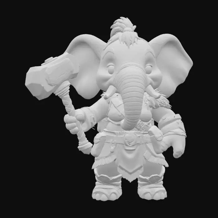3D model for A 3D image of a toy-like Dungeons & Dragons female elephant adventurer holding a large club.  Thick and bold details.  Highly stylized.
