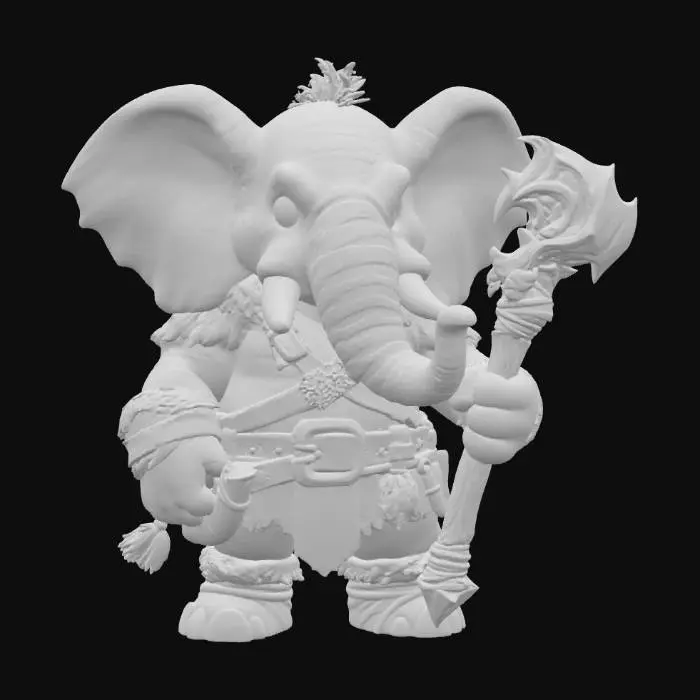3D model for A 3D image of a toy-like Dungeons & Dragons male elephant adventurer holding a large club.  Thick and bold details.  Highly stylized.