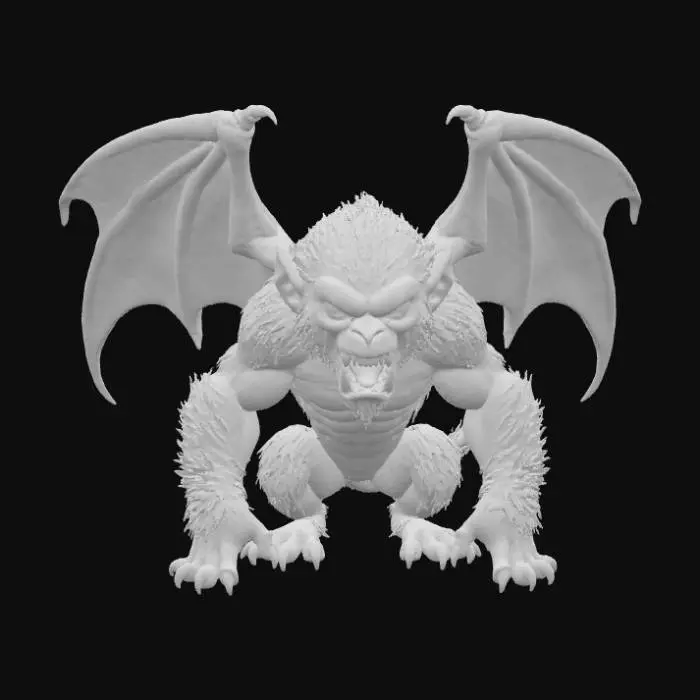 3D model for A 3D image of a menacing monkey with wings.  Thick and bold details.  White or transparent background.  Highly stylized.