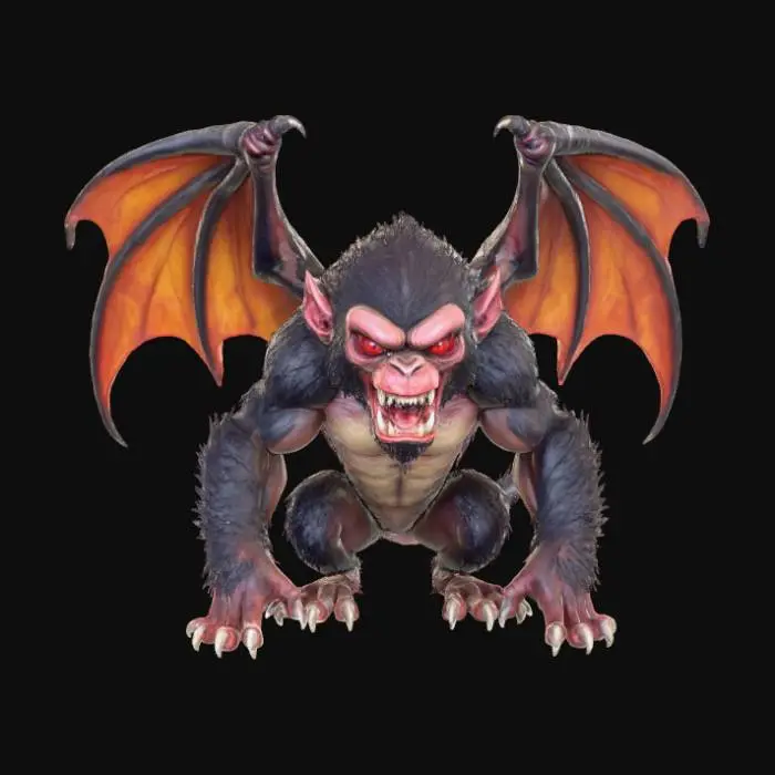 3D model for A 3D image of a menacing monkey with wings.  Thick and bold details.  White or transparent background.  Highly stylized.