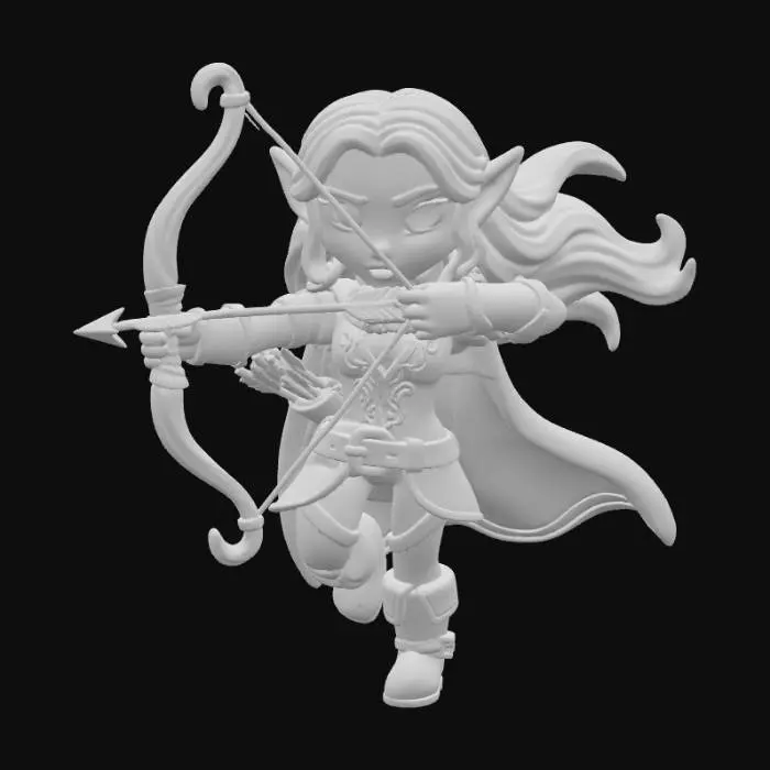 3D model for A 3D image of a cute toy-like Dungeons & Dragons female elf ranger.  Wearing rich medieval clothing.  Action pose.  Thick and bold details.  Highly stylized.  White or transparent background.