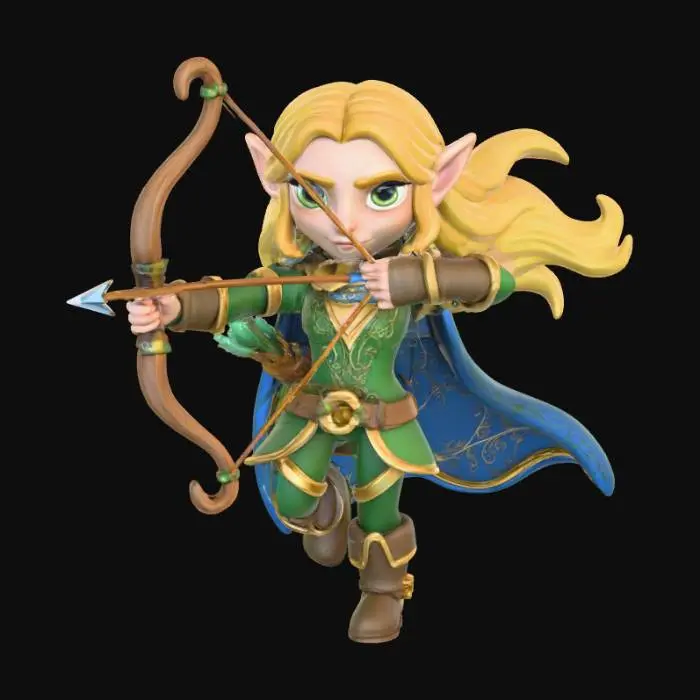 3D model for A 3D image of a cute toy-like Dungeons & Dragons female elf ranger.  Wearing rich medieval clothing.  Action pose.  Thick and bold details.  Highly stylized.  White or transparent background.