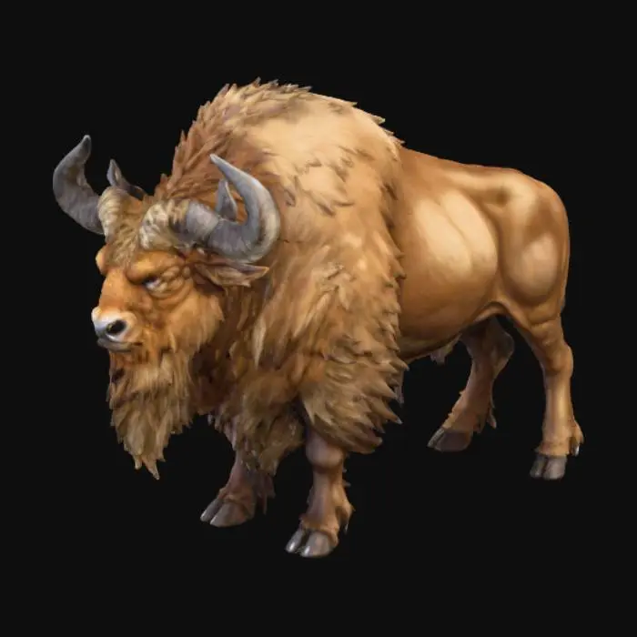 3D model for A 3D image of a Dungeons & Dragons auroch.  Thick and bold details.  Highly stylized.  White background.