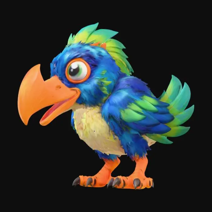 3D model for A 3D image of a Dungeons & Dragons chibi-style axe beak.  Thick and bold details.  Highly stylized.  White background.