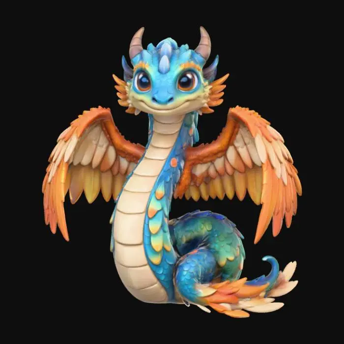 3D model for A 3D image of a chibi-style Dungeons & Dragons coatl. Thick and bold detail. Highly stylized. White background.