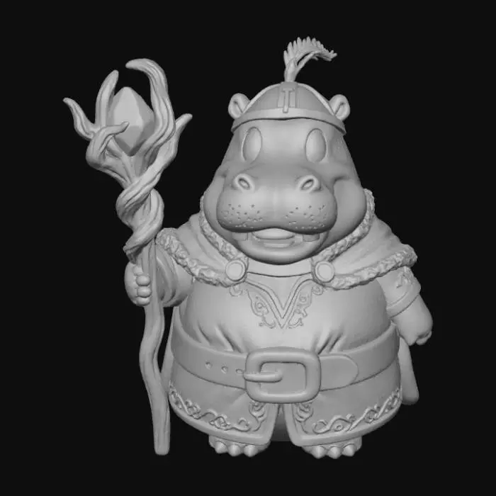 3D model for A 3D image of a chibi-style Dungeons & Dragons hippo adventurer wearing medieval clothing and carrying a gnarled wooden staff.  Thick and bold details.  Highly stylized.  White background.