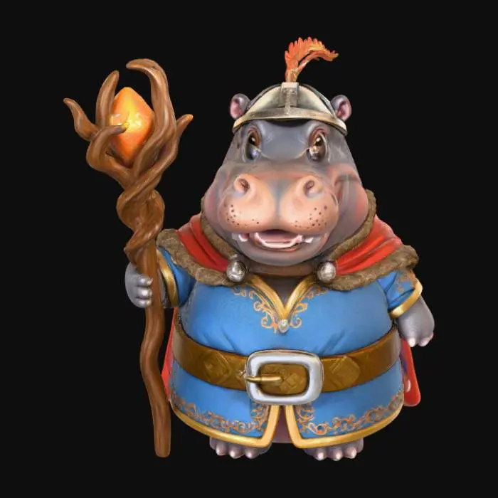 3D model for A 3D image of a chibi-style Dungeons & Dragons hippo adventurer wearing medieval clothing and carrying a gnarled wooden staff.  Thick and bold details.  Highly stylized.  White background.