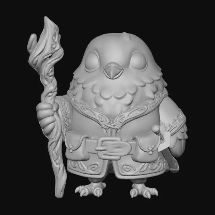 3D model for A 3D image of a chibi-style Dungeons & Dragons dove adventurer wearing medieval clothing and carrying a gnarled wooden staff.  Thick and bold details.  Highly stylized.  White background.