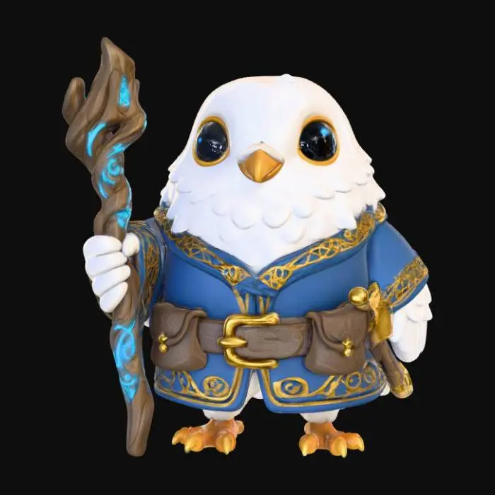 3D model for A 3D image of a chibi-style Dungeons & Dragons dove adventurer wearing medieval clothing and carrying a gnarled wooden staff.  Thick and bold details.  Highly stylized.  White background.