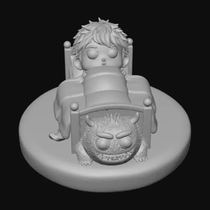 3D model for A 3D image of a chibi-style child hidding in bed from a chibi-style monster under the bed.  The scene is on a round base. White background. , #Halloween2025#