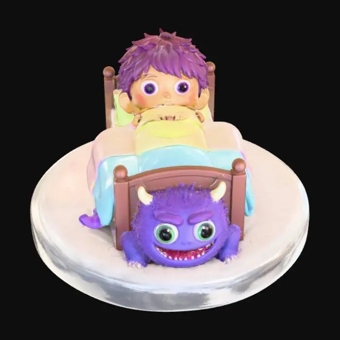 3D model for A 3D image of a chibi-style child hidding in bed from a chibi-style monster under the bed.  The scene is on a round base. White background. , #Halloween2025#