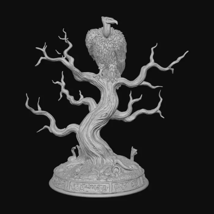 3D model for A 3D image of a gnarled, leafless tree with a large vulture perched on a branch.  Set on a round horror-themed base. Transparent background. , #Halloween2025#