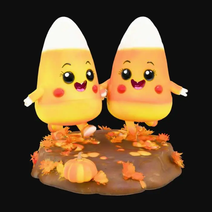 3D model for A 3D image of two chibi-style candy corns skipping together holding hands.  set on a rounded Halloween-themed base.  Transparent or white background. , #Halloween2025#