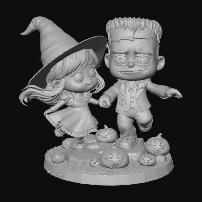 3D model for A 3D image of two chibi-style children skipping together holding hands. One child is dressed in a witch costume and the other is dressed in a Frankenstein costume. Set on a rounded Halloween-themed base. Transparent or white background. , #Halloween2025#