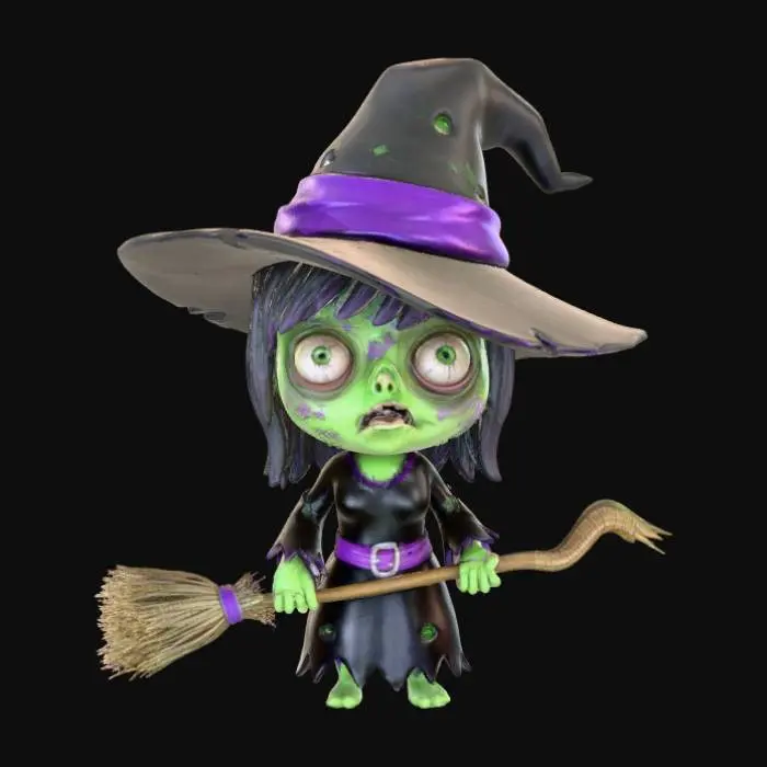 3D model for A 3D image of a chibi-style zombie dressed like a witch.  The zombie has large bulging eyes and a slack expression. Dusky lighting.  #Halloween2025#