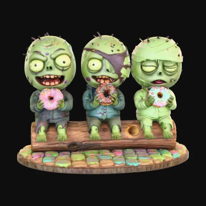 3D model for A 3D image of three chibi-style zombies sitting on a log eating donuts.  Set on an oval cobblesone-textured base.  Muted colors.  Bold and thick details.  Highly detailed., #Halloween2025#