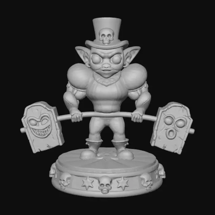 3D model for a 3D image of a spooky kawaii circus goblin strongman.  Lifting barbells shaped like headstones.  The scene is set on a round circus-themed base.  Bold and thick details.  Highly detailed.  Highly stylized. Matte finish. Dusky lighting. #Halloween2025#