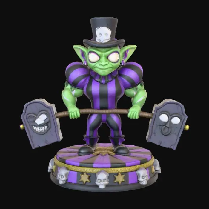 3D model for a 3D image of a spooky kawaii circus goblin strongman.  Lifting barbells shaped like headstones.  The scene is set on a round circus-themed base.  Bold and thick details.  Highly detailed.  Highly stylized. Matte finish. Dusky lighting. #Halloween2025#