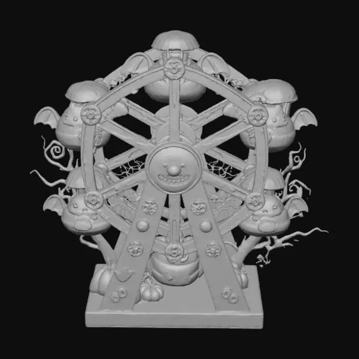 3D model for a 3D image of a spooky kawaii circus ferris wheel with bat-shaped gondolas.  Bold and thick details.  Highly detailed.  Highly stylized. Matte finish. Dusky lighting. #Halloween2025#