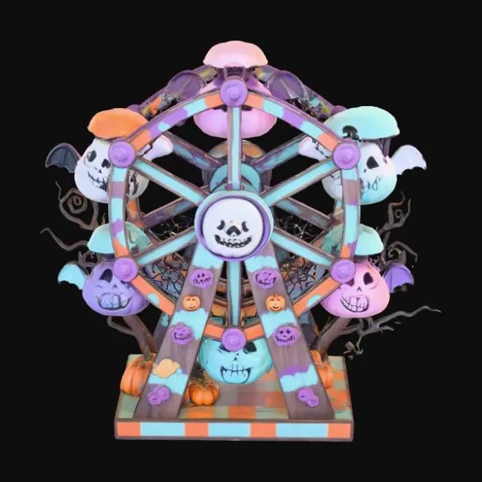 3D model for a 3D image of a spooky kawaii circus ferris wheel with bat-shaped gondolas.  Bold and thick details.  Highly detailed.  Highly stylized. Matte finish. Dusky lighting. #Halloween2025#