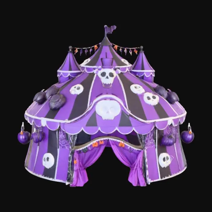 3D model for a 3D image of a kawaii spooky  circus big top.  Bold and thick details.  Highly detailed.  Highly stylized. Matte finish. Dusky lighting. #Halloween2025#