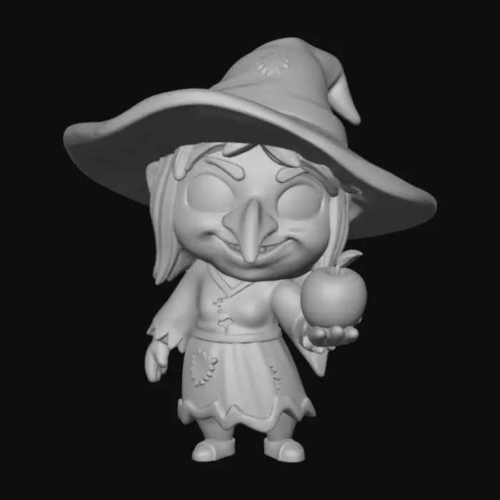 3D model for A 3D image of a chibi-style hag with black eyes offering you an apple to eat.  Thick and bold detail.  Muted lighting.  Matte finish.  #Halloween2025