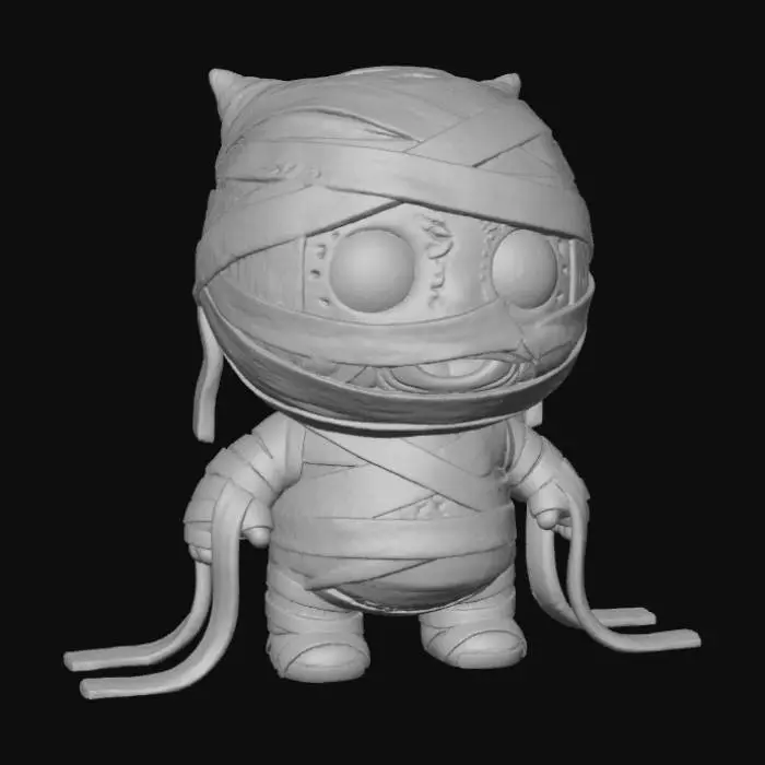 3D model for A 3D image of a chibi-style mummy whose wrappings have started to unravel.  Thick and bold detail.  Muted lighting.  Matte finish.  #Halloween2025
