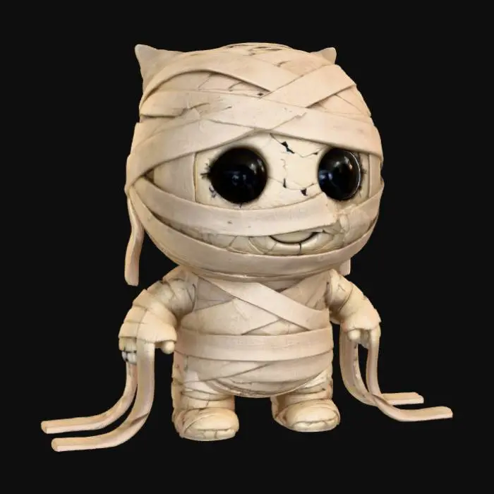 3D model for A 3D image of a chibi-style mummy whose wrappings have started to unravel.  Thick and bold detail.  Muted lighting.  Matte finish.  #Halloween2025
