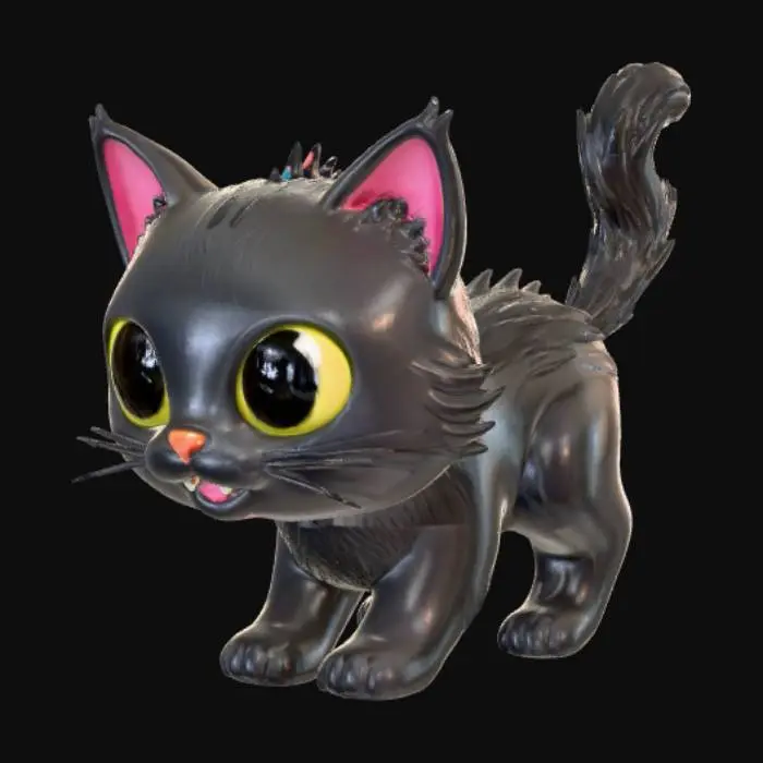 3D model for A 3D image of a chibi-style black cat arching it's back and hissing.  Thick and bold detail.  Muted lighting.  Matte finish.  #Halloween2025