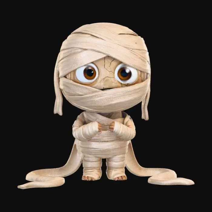 3D model for A 3D image of a chibi-style mummy whose wrappings have started to unravel. The mummy looks concerned. Thick and bold detail. Muted lighting. Matte finish. #Halloween2025