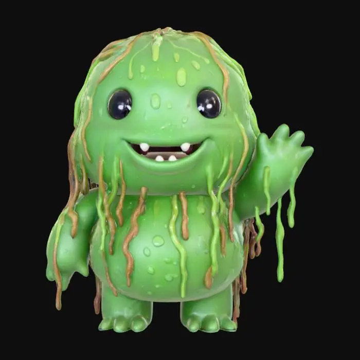 3D model for A 3D image of a chibi-style swamp monster driping with water and seaweed. It is waving in a friendly fashion. Thick and bold detail. Muted lighting. Matte finish. #Halloween2025