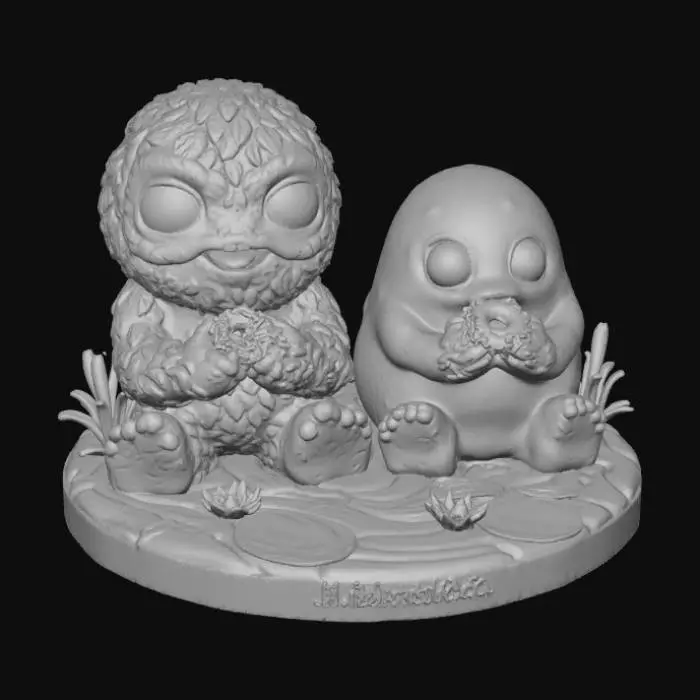 3D model for A 3D image of a chibi-style swamp thing and the blob sitting together happily in a swamp eating donuts. Standing on an oval swamp-themed base. Thick and bold detail. Muted lighting. Matte finish. #Halloween2025
