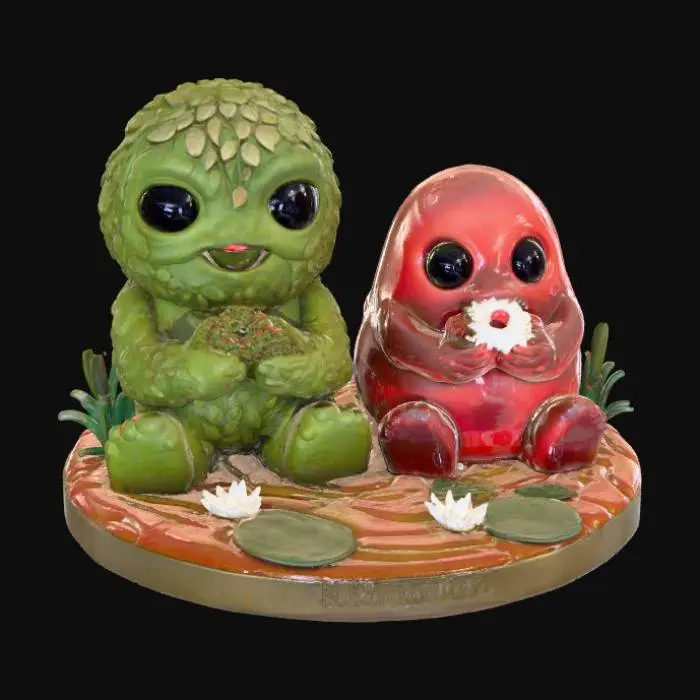 3D model for A 3D image of a chibi-style swamp thing and the blob sitting together happily in a swamp eating donuts. Standing on an oval swamp-themed base. Thick and bold detail. Muted lighting. Matte finish. #Halloween2025