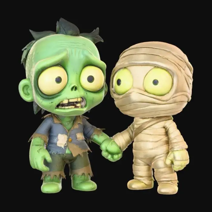 3D model for A 3D image of a chibi-style zombie holding hands with a chibi-style mummy. Thick and bold details.  Highly stylized.  Matte finish.  Dusky lighting. , #Halloween2025#