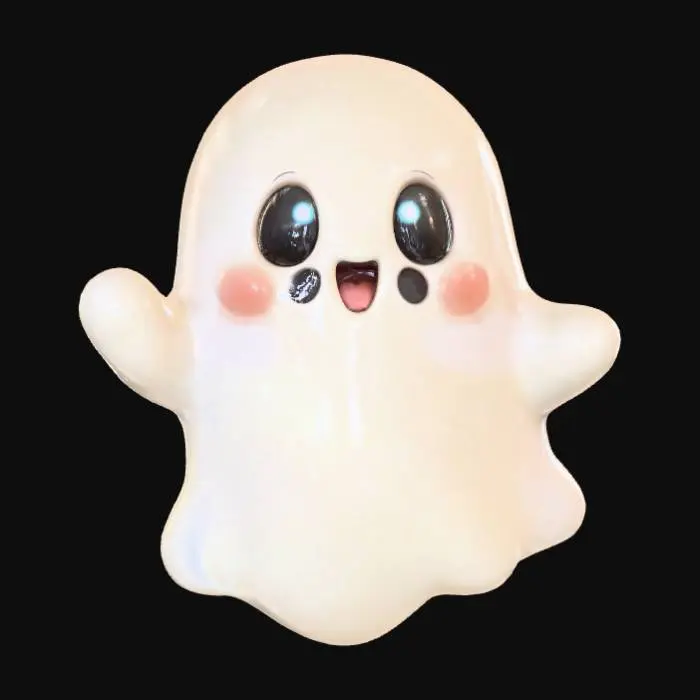 3D model for A 3D image of a chibi-style ghost waving hello. Thick and bold details.  Highly stylized.  Matte finish.  Dusky lighting. , #Halloween2025#