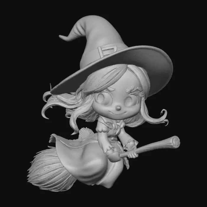 3D model for A 3D image of a chibi-style witch riding a broom. Thick and bold details.  Highly stylized.  Matte finish.  Dusky lighting. , #Halloween2025#