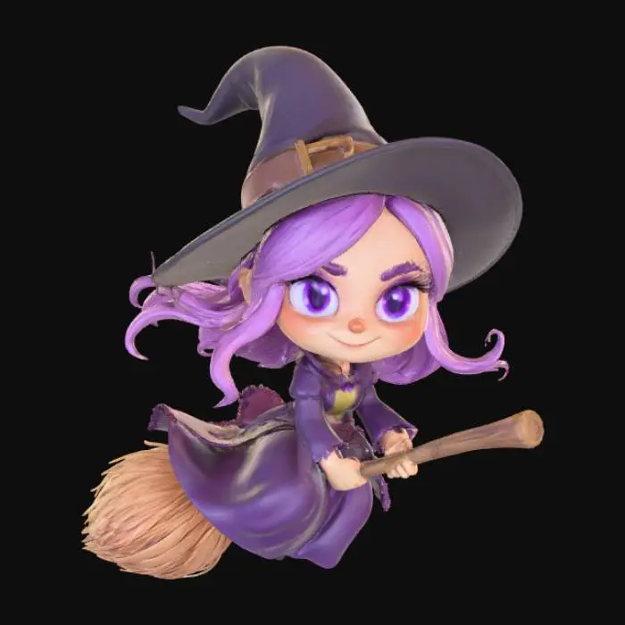 3D model for A 3D image of a chibi-style witch riding a broom. Thick and bold details.  Highly stylized.  Matte finish.  Dusky lighting. , #Halloween2025#