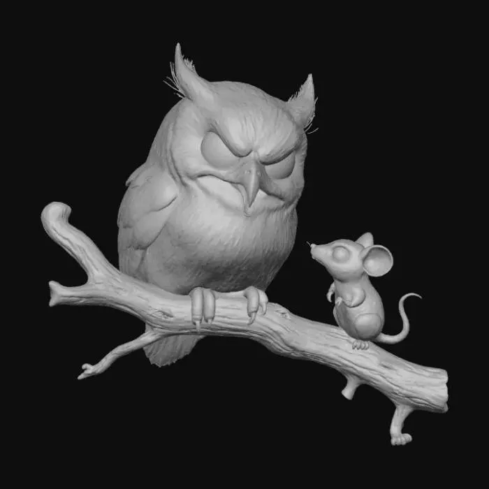 3D model for A 3D image of a chibi-style sly owl smiling viciously at a scared looking mouse. Thick and bold details.  Highly stylized.  Matte finish.  Dusky lighting. , #Halloween2025#