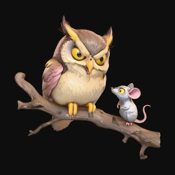 3D model for A 3D image of a chibi-style sly owl smiling viciously at a scared looking mouse. Thick and bold details.  Highly stylized.  Matte finish.  Dusky lighting. , #Halloween2025#