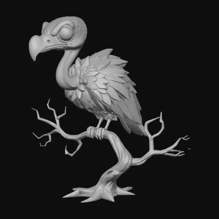 3D model for A 3D image of a chibi-style menacing vulture with a long neck perched on the branch of a bare tree. Thick and bold details.  Highly stylized.  Matte finish.  Dusky lighting. , #Halloween2025#