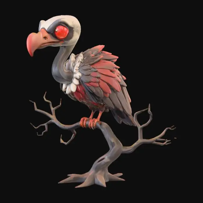 3D model for A 3D image of a chibi-style menacing vulture with a long neck perched on the branch of a bare tree. Thick and bold details.  Highly stylized.  Matte finish.  Dusky lighting. , #Halloween2025#