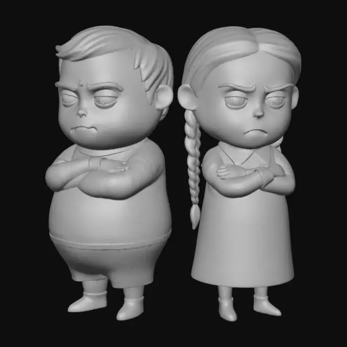 3D model for A 3D image of chibi-style Pugsley Addams and Wednesday Addams standing back to back with their arms folded.  Thick and bold details.  Highly detailed.  Highly stylized.  Matte finish.  Dusky lighting.  , #Halloween2025#