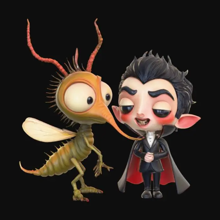 3D model for A 3D image of chibi-style mosquito with a long probiscus chatting with a chibi vampire.  Thick and bold details.  Highly detailed.  Highly stylized.  Matte finish.  Dusky lighting.  , #Halloween2025#