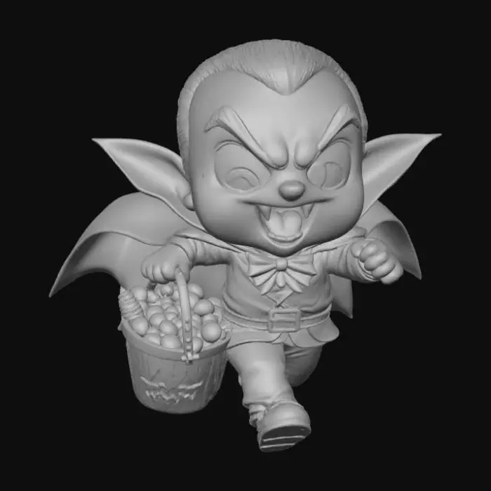3D model for 3D chibi vampire running with a bucket of Halloween candy shaped like a bat. Mouth open in excitement, fangs glinting. Cape flaring dramatically behind. The base is a cobblestone street sprinkled with candy corn and lollipops.
Colors: red, black, orange, white. #Halloween2025#
