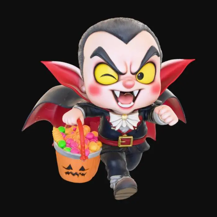 3D model for 3D chibi vampire running with a bucket of Halloween candy shaped like a bat. Mouth open in excitement, fangs glinting. Cape flaring dramatically behind. The base is a cobblestone street sprinkled with candy corn and lollipops.
Colors: red, black, orange, white. #Halloween2025#