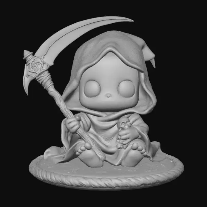 3D model for 3D chibi baby grim reaper holding a toy-sized scythe, sitting cross-legged with a skull rattle. Cloak oversized like a blanket, round face with big glowing eyes. Base is simple circular nursery mat with stars.
Colors: black, gray, purple, soft white glow.  #Halloween2025#
