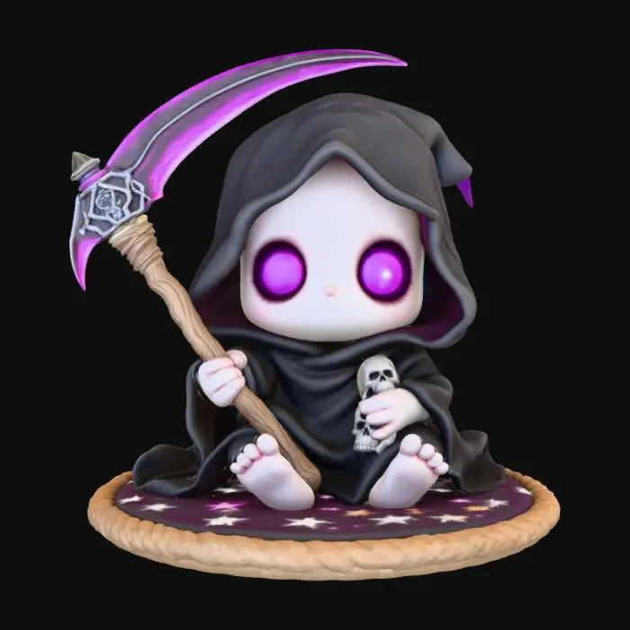 3D model for 3D chibi baby grim reaper holding a toy-sized scythe, sitting cross-legged with a skull rattle. Cloak oversized like a blanket, round face with big glowing eyes. Base is simple circular nursery mat with stars.
Colors: black, gray, purple, soft white glow.  #Halloween2025#